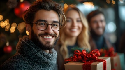 Colleagues exchanging Christmas presents in a modern office, festive atmosphere, smiling faces, red and green decorations