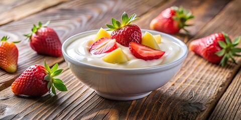 Extreme close-up of a bowl of strawberry and pineapple flavored yogurt over a wooden table