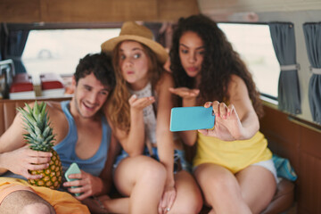 People, friends and happy on selfie in car on road trip for memories, social media post and profile picture. Relationship, gen z and smile in minivan or vehicle for bonding on summer holiday or break