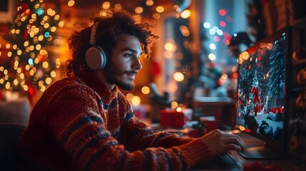 Obraz premium Virtual holiday party for remote workers, team members wearing Christmas sweaters, exchanging gifts via video call