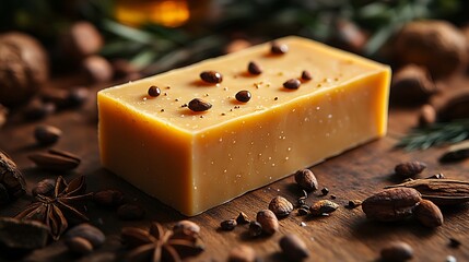 Cocoa butter and jojoba oil soap bar, smooth golden texture with cocoa butter and oil drops scattered, surrounded by rich ingredients, bright morning sunlight creating soft shadows,