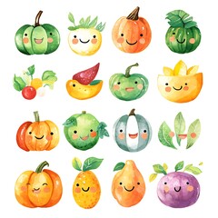 Watercolor Illustration of Cute Smiling Pumpkins and Other Vegetables.