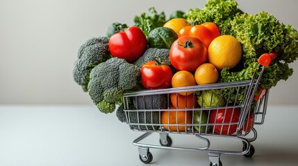 Shopping cart filled with fresh vegetables and fruits on a white background with copy space
