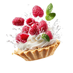 Raspberry tart flying, isolated on a white background, adding a whimsical and dynamic element. PNG