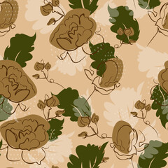 Rose silhouette and shapes seamless pattern. Earth-tone color for fashion print, home textile, surface design for organic product