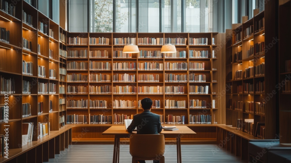 Poster a person sits at a desk in a library, facing away from the camera. the person is wearing a dark suit