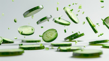 Scattered zucchini slices floating gracefully against a clean white background, showcasing intricate details