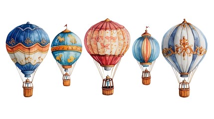 Watercolor Illustration of Five Vintage Hot Air Balloons.