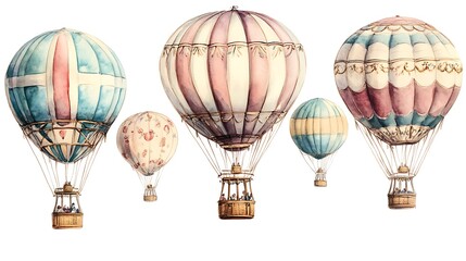 Obraz premium Vintage Watercolor Hot Air Balloons Flying in the Sky.