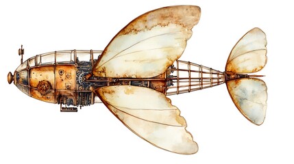 Watercolor Illustration of a Steampunk Air Ship with Butterfly Wings.