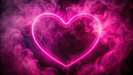Extreme close-up of bright pink heart shaped neon lights with smoke