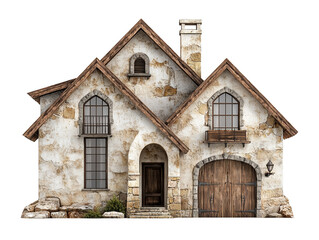 Fototapeta premium A charming stone cottage with a wooden door and garage door. The house has arched windows and a small balcony.