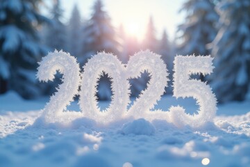 Snow-covered 2025 sign stands out in a tranquil winter landscape at sunrise, with trees surrounding the peaceful scene
