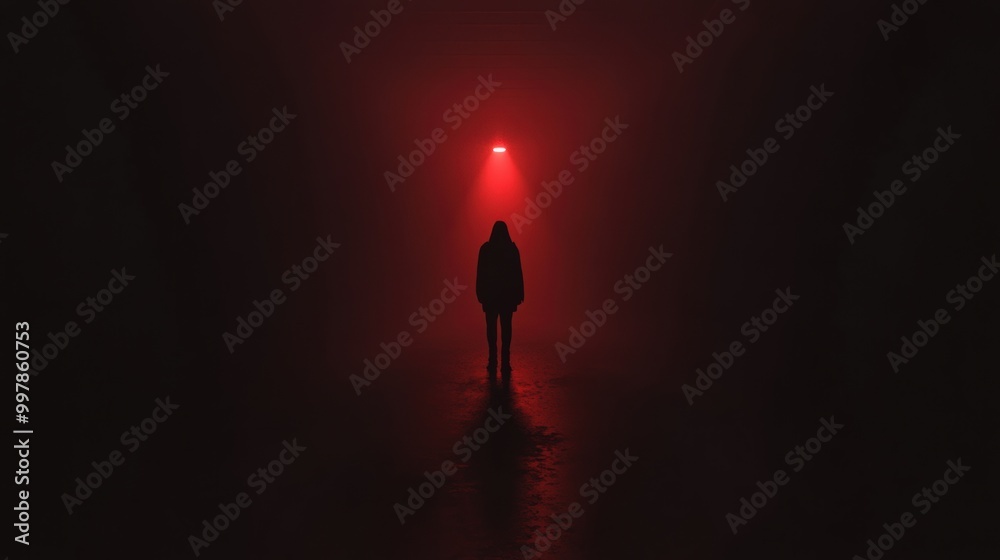 Poster in a dark room, a single red spotlight illuminates a shadowy figure, creating an atmosphere of suspe