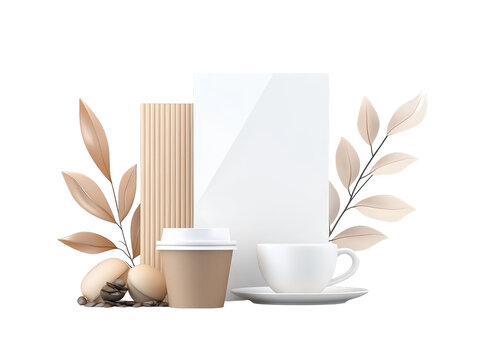 A coffee cup, beans and a blank  with leaves.  A mockup for branding and advertising.