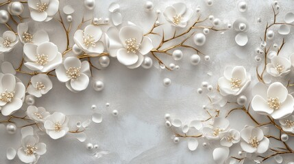 3D wallpaper with gold tree life white pearl and flowers, 3D mural wallpaper high quality AI generated image