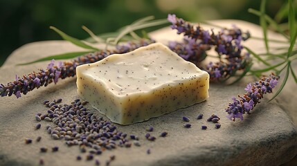 Hemp seed oil and lavender soap bar resting on a natural stone surface, light green tones with specks of lavender, fresh lavender flowers and hemp seeds placed nearby,