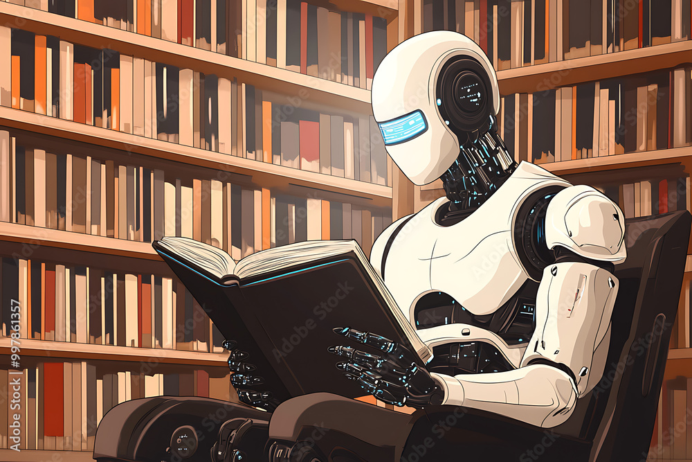 Poster a robot reading a book in a library, showcasing the intersection of technology and knowledge.