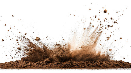 A dramatic explosion of dirt and debris creates a cloud of brown dust against a black background.