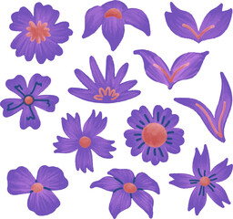 cute vector, flat illustration of blue and purple petal flowers, seamless pattern design