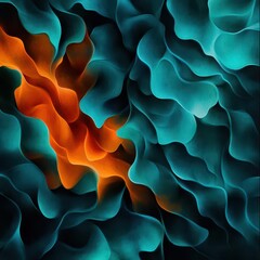 Organic abstract shapes in teal and orange, layered over textured background Subtle light effects create depth, smooth transitions between colors Wideangle shot