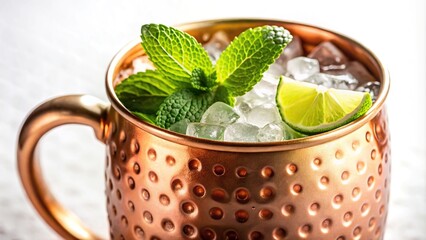 Extreme close-up of decorative Moscow Mule cocktail on white background