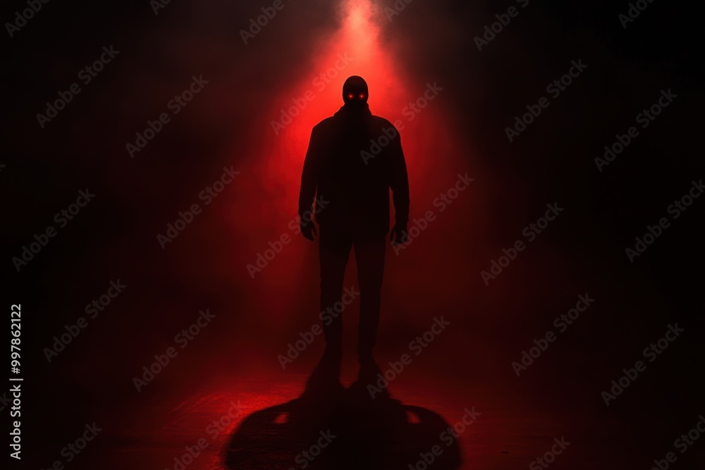 Poster a solitary figure emerges from darkness, bathed in ominous red light, evoking a sense of fear and su