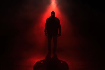 A solitary figure emerges from darkness, bathed in ominous red light, evoking a sense of fear and suspense in the atmosphere. Generative AI