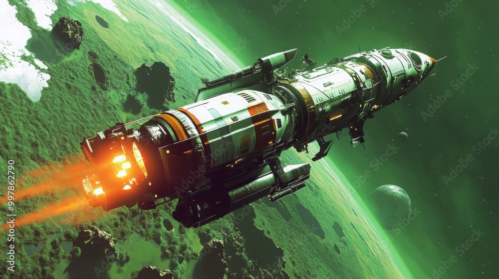 Leinwandbilder This scene depicts a sleek spaceship with bright engines firing, navigating through a colorful green nebula. Surrounding it are various celestial bodies, creating an awe-inspiring cosmic backdrop.