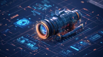 An industrial blue print for an HUD using an engine 3D isometric. The blueprint includes modern interface elements ( dashboards, a scanning jet engine and mechanism).
