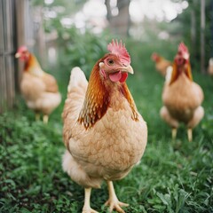 Fototapeta premium Lively Hens Foraging in Vibrant Garden Setting | Healthy Backyard Poultry Farming Concept
