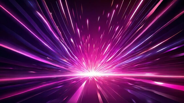 Neon speed rays burst across a vibrant abstract background. Pink and purple luminous streaks of light in motion, creating a dynamic energy flow in space. Perfect for futuristic and energetic themes.