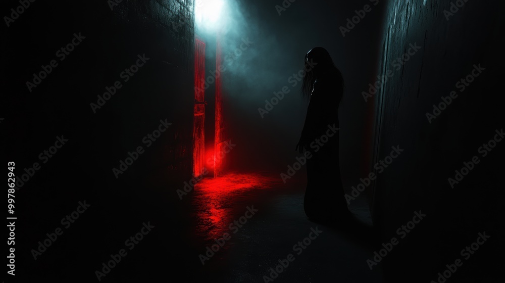 Poster a single spotlight highlights a mysterious figure in a dim corridor, evoking deep feelings of fear a
