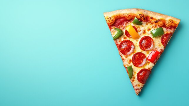 Happy Pizza Slice with Exaggerated Toppings Smiling on Bright Blue Background