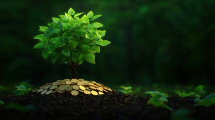Illuminated Money Tree Glowing in Lush Forest - Awe-Inspiring Wealth and Nature Contrast