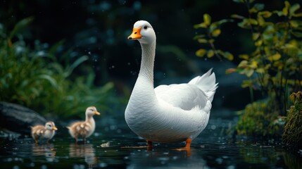 Fototapeta premium Enchanted Forest Fantasy: Magical Goose Holding Golden Egg Surrounded by Playful Woodland Creatures