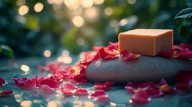 Rose petals and clay soap bar placed on a smooth stone, surrounded by fresh rose petals and clay powder, soft sunlight creating highlights and shadows, blurred background of a natural garden,