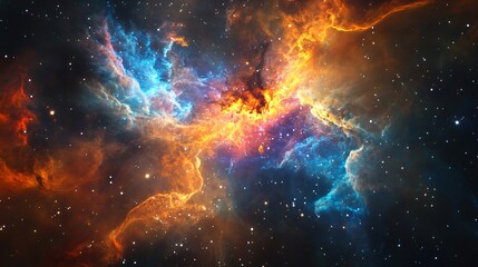 A vibrant nebula in space with swirling clouds of red, orange, and blue, interspersed with white stars.