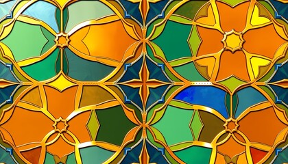 Intricate Stained Glass Pattern with Geometric Shapes in Amber, Teal, and Sapphire Blue
