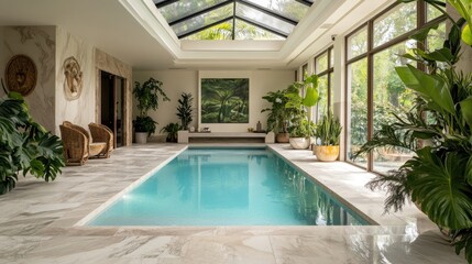 A serene indoor pool area with smooth marble tiles