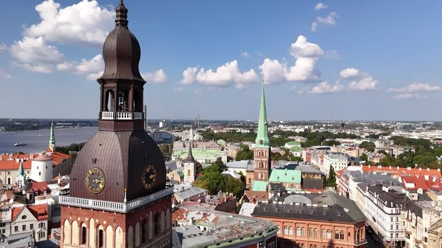 Aerial view of Riga Dome Cathedral, Daugava River, Vansu Bridge, historic city center in the afternoon on a summer or autumn day, Latvia, Europe