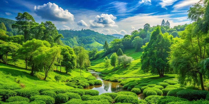 Verdant bocage scene adorned with lush foliage, enveloped in tranquility beneath a brilliant blue sky, evokes peace and