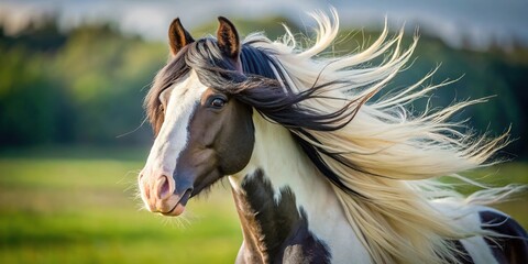 Extreme close-up of Gypsy Vanner horse mare with wind blown forelock in open paddock