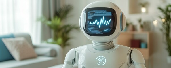 A modern humanoid robot with a screen displaying data, set in a stylish living room environment.