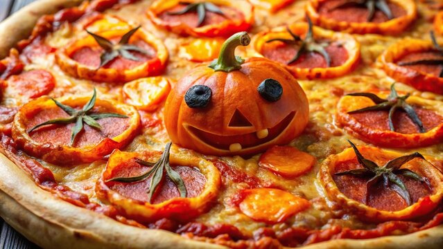 Extreme close-up of Halloween themed pepperoni and cheese stretchy pizza