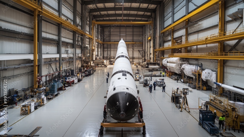 Poster a large rocket is being prepared in a spacious workshop, surrounded by engineers and equipment. the 