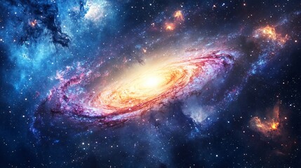 A vibrant spiral galaxy shines brightly against a backdrop of twinkling stars and cosmic dust.