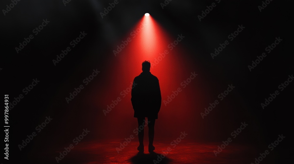 Poster in a dark room, a solitary figure is highlighted by a red spotlight, creating an intense atmosphere 