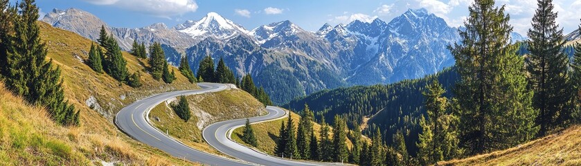 Fototapeta premium A winding mountain road with sharp curves, lined with tall pine trees and snowcapped peaks in the distance