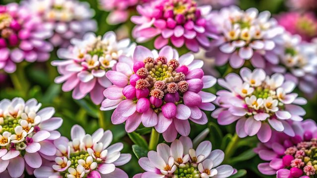 Extreme close-up of Iberis decorative evergreen plant with pink and white petals